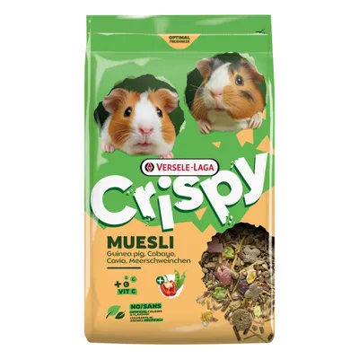 Versele-Laga Crispy Muesli marsuille, sisältää C-vitamiinia, ei keinotekoisia värejä eikä aromeja, tuotekuva näkyvällä ruokasekoituksella.