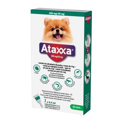 Ataxxa 200 mg/40 mg roztwór typu spot-on dla psów do ,4 kg. Zawiera permetrynę i imidaklopryd. 1 x 0,4 ml. Widoczne symbole kleszczy, pcheł, komarów i moskitów.