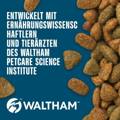 Entwickelt mit Ernährungswissenschaftlern und Tierärzten des Waltham Petcare Science Institute. WALTHAM Logo sichtbar.