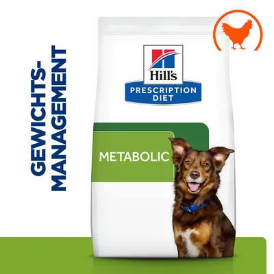 Hill's Prescription Diet Metabolic, upravljanje telesne teže, s piščancem. Embalaža prikazuje ime izdelka in logotip.
