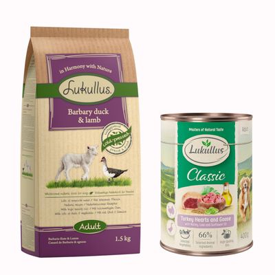 Lukullus Charolais-Rind & Forelle, sac et Lukullus Rind & Truthahn 400 g, boîte. Offre d’essai ! Textes en allemand et anglais visibles sur les emballages.