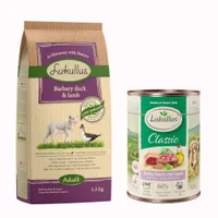 Lukullus-kokeilupakkaus: 1,5 kg + 6 x 400 g märkäruokaa - Muscovy Duck & Lamb 1,5 kg + 6 x 400 g kalkkunansydän ja hanhi