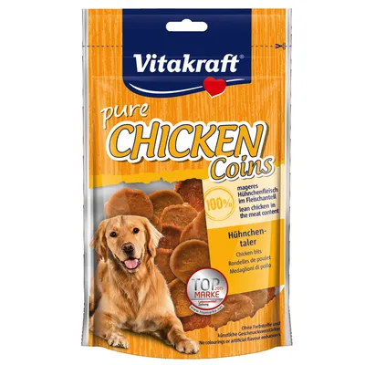 Confezione Vitakraft pure Chicken Coins, medaglioni di pollo per cani, 100% carne di pollo, senza coloranti né esaltatori di sapidità, marchio TOP MARKE 2015 visibile sulla confezione.