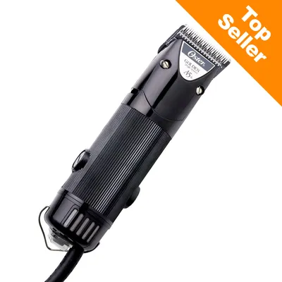 Oster Golden A5 tondeuse met metalen scheerkop, zwarte behuizing. Oranje hoeklabel met witte tekst: Top Seller.