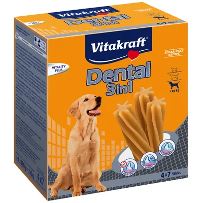 Vitakraft Dental 3in1, Vitality Plus, bez cukru, vhodné pro psy nad 10 kg. Obsahuje 4x7 tyčinek s kontrolou plaku a protizánětlivým účinkem.
