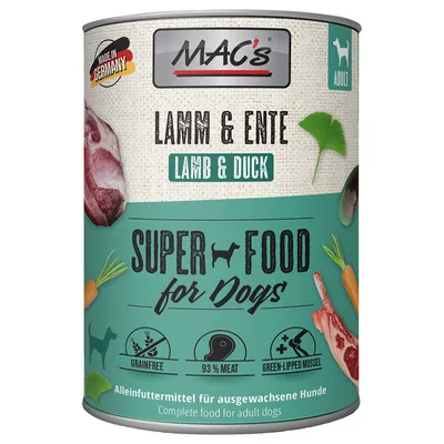 MAC's Lamm & Ente Super Food per cani. Made in Germany, senza cereali, 93% carne, con cozza verde. Alimento completo per cani adulti.