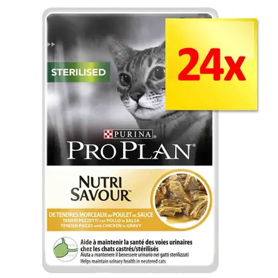 Purina Pro Plan Nutri Savour Sterilised, 24x kawałki z kurczakiem w sosie. Widoczna informacja: pomaga utrzymać zdrowie dróg moczowych u kotów kastrowanych/sterylizowanych.