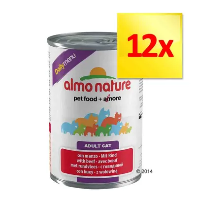 almo nature Daily Menu, karma dla dorosłych kotów z wołowiną, opakowanie 12x puszka. Widoczne napisy: pet food + amore, ADULT CAT, con manzo, z wołowiną.
