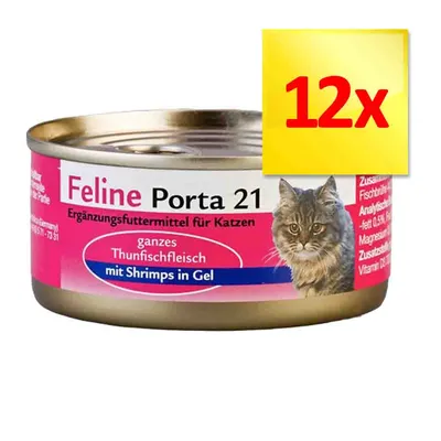 Feline Porta 21, całe mięso z tuńczyka z krewetkami w galarecie, opakowanie 12x. Widoczny napis po niemiecku i zdjęcie kota na puszce.