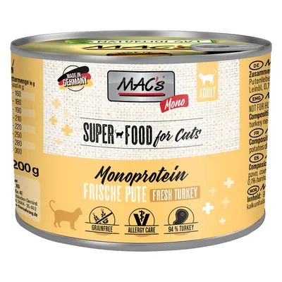 MAC's Mono Superfood for cats, monoprotein, fresh turkey, Made in Germany, grain-free, allergy-friendly, 94% turkey, 200g can. MAC's Mono Superfood for cats, monoprotein, fresh turkey, Made in Germany, grain-free, allergy-friendly, 94% turkey, 200g can.
