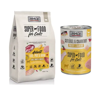 MAC´s set: 12 x 400 g mokra hrana + 2 x 1,5 kg Superfood suha hrana - Perad i brusnica 12 x 400 g + Adult patka, puretina i piletina 2 x 1,5 kg 