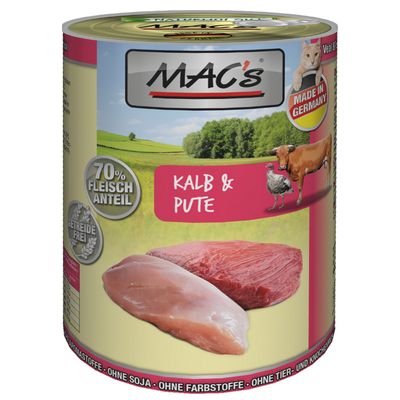 MAC's Kalb & Pute kattenvoer, 70% Fleischanteil, getreidefrei, Made in Germany. Zonder soja, kleurstoffen, aromastoffen, dier- en beendermeel. Tekst deels in het Duits.