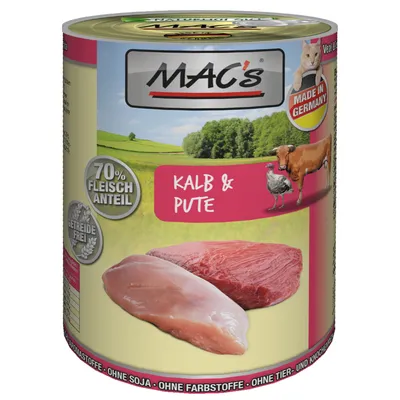 MAC's Kalb & Pute kattenvoer, 70% Fleischanteil, getreidefrei, Made in Germany. Zonder soja, kleurstoffen, aromastoffen, dier- en beendermeel. Tekst deels in het Duits.