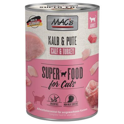 MAC's Kalb & Pute Calf & Turkey Super Food for Cats, adult, graanvrij, hoog vleesgehalte, Made in Germany. Volledig kattenvoer voor volwassen katten, blik met roze en beige label.