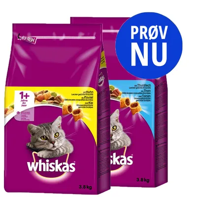 To poser Whiskas tørfoder til kat, 3,8 kg. Foran: med kylling, mærket '1+ Jahre', bagved: med tun. Blå cirkel med teksten 'PRØV NU'.