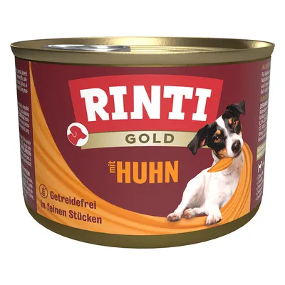 Rinti Gold s kuřetem, bez obilovin, v jemných kouscích. Zobrazení konzervy se psem na obalu.