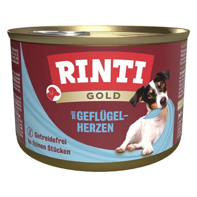 RINTI Gold s drůbežími srdíčky, bez obilovin, v jemných kouscích. Zobrazení konzervy s psem na obalu.