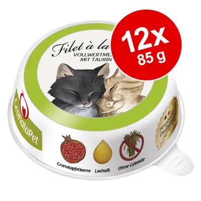 GranataPet kattmat, 12×85 g. Text: Filet à la..., Vollwertme... mit Taurin. Bilder: granatäpplekärnor, laxolja, utan spannmål. Tysk kvalitetsmärkning synlig.