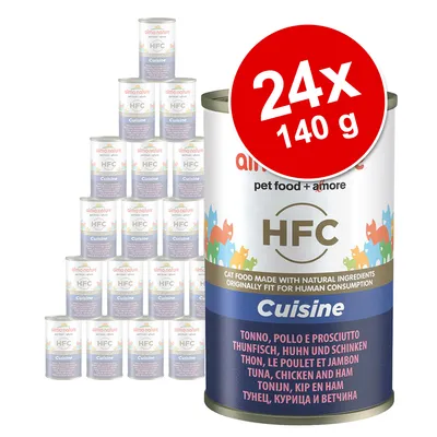 Set 24x140 g conserve Alma Nature HFC Cuisine pentru pisici, ton, pui și șuncă. Text vizibil: 'pet food + amore', 'HFC', 'Cuisine', ingrediente în mai multe limbi.