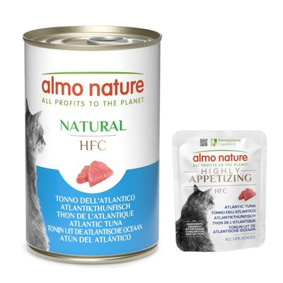 Almo Nature Natural HFC Atlantikthunfisch. Dose mit Thunfischabbildung und Text: 'All profits to the planet'.