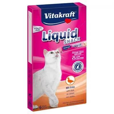 Vitakraft Liquid Snack mit Ente, zuckerfreie Rezeptur, kalorienarm, enthält Beta-Glucane. Ohne Farb- und Konservierungsstoffe. Packung mit 6 Stück.