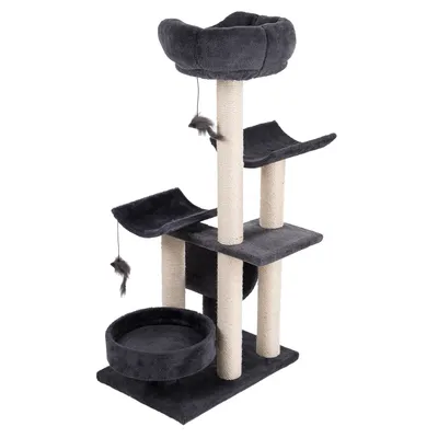 Cat tree with multiple levels, dark grey fabric cover, sisal-wrapped posts and hanging toys.