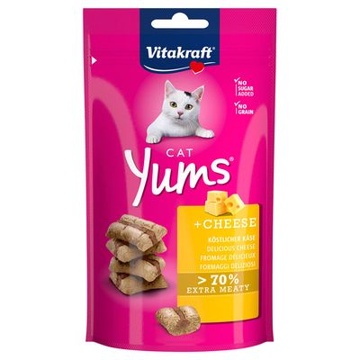 Vitakraft Cat Yums + Cheese, herkullinen juusto, yli 70 % erityisen lihaisa, sokeriton resepti.