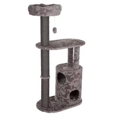 Arbre à chat gris avec trois niveaux, deux cachettes cylindriques, un poteau en sisal, une plateforme supérieure avec rebord et une balle suspendue.
