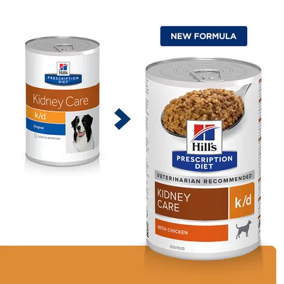 Hill's Prescription Diet Kidney Care k/d для собак: старая и новая упаковка, надпись NEW FORMULA, вариант с курицей на новой банке.