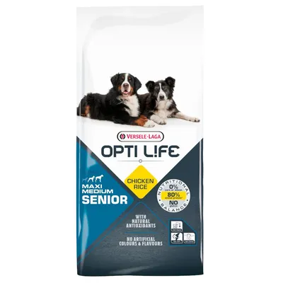 Confezione Versele-Laga Opti Life Maxi Medium Senior, pollo e riso, con antiossidanti naturali, 0% grano, 80% proteine animali, senza coloranti o aromi artificiali.