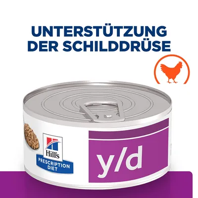 Hill's Prescription Diet y/d Dose, Unterstützung der Schilddrüse, mit Huhn. Hill's Prescription Diet y/d Dose, Unterstützung der Schilddrüse, mit Huhn.