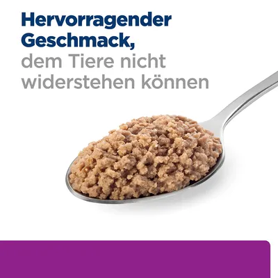 Texte en allemand : Hervorragender Geschmack, dem Tiere nicht widerstehen können. Cuillère avec pâtée pour animaux.