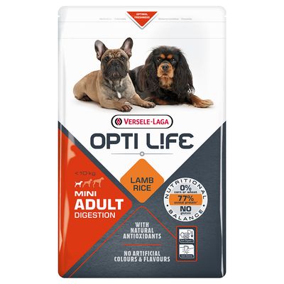 Versele-Laga Opti Life Mini Adult Digestion hundefoder, LAMB RICE, <10 kg, 77 % animalsk protein, no gluten, with natural antioxidants, no artificial colours & flavours, to små hunde på posen