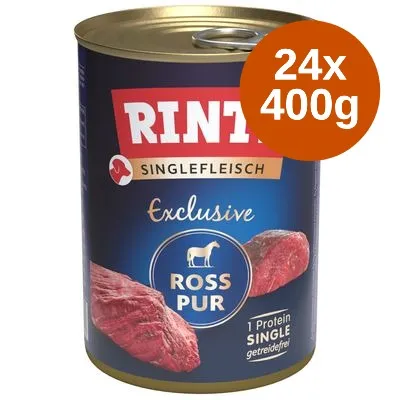 RINTI Singlefleisch Exclusive Ross Pur, 1 Protein Single, spannmålfri. Förpackning: 24 x 400 g burkar. Synligt köttstycke på etiketten.