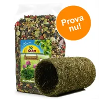 JR Farm Basic Food Meerschweinchen, förpackning med blandfoder och hö-tunnel. Orange cirkel med texten 'Prova nu!'.
