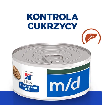Hill's Prescription Diet m/d, napis: Kontrola cukrzycy, puszka z etykietą i symbolem wątroby Hill's Prescription Diet m/d, napis: Kontrola cukrzycy, puszka z etykietą i symbolem wątroby
