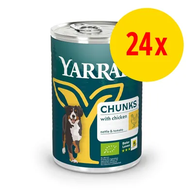 Yarrah Chunks with chicken, nettle & tomato, lot de 24 boîtes. Labels visibles : bio UE et Beter Leven 3 étoiles.