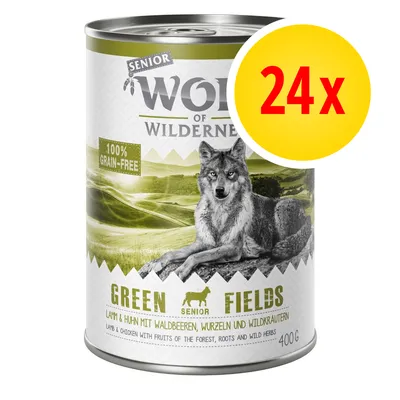 Pack of 24 tins, each 400g, labelled as 100% grain-free with lamb and chicken, fruits of the forest, roots and wild herbs. Product marked for senior pets.