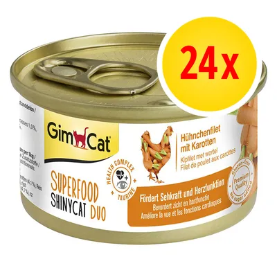 GimCat Superfood ShinyCat Duo, kananfilee ja porkkana, edistää näkökykyä ja sydämen toimintaa, gluteeniton, Premium Quality, ilman lisättyä sokeria. Pakkaus 24 tölkkiä. GimCat Superfood ShinyCat Duo, kananfilee ja porkkana, edistää näkökykyä ja sydämen toimintaa, gluteeniton, Premium Quality, ilman lisättyä sokeria. Pakkaus 24 tölkkiä.