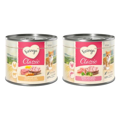 Feringa Classic, lot de 24x200g, dinde avec potiron et cataire. Texte visible : recette sans céréales, 69 % ingrédients animaux sélectionnés. Image d’un chaton et d’ingrédients.