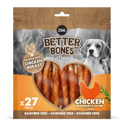 Zoë Better Bones Soft Treats, 27 stk., omviklet med kyllingebryst, smag af kylling, rosmarin & timian, uden råhud.