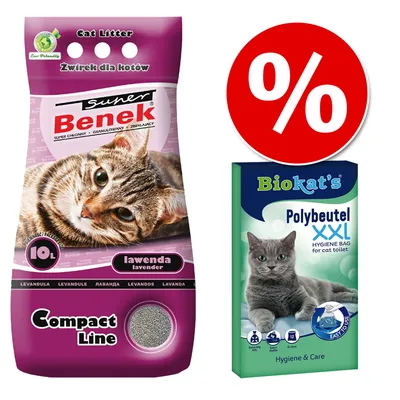 Super Benek żwirek dla kotów lawenda 10 l, Biokat's Polybeutel XXL worki higieniczne do kuwety. Symbol procentu oznaczający promocję.