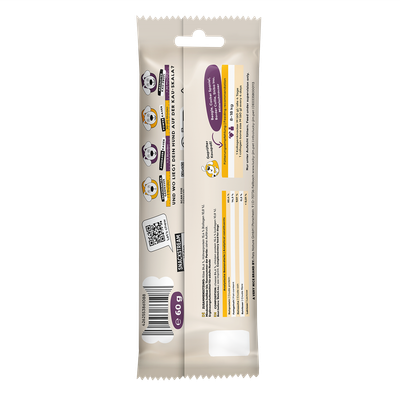 Fodringsanbefaling for hunde efter vægt, vurderingsskala med 5 kriterier, QR-kode, produktvægt 60 g, Snackstream, ingredienser og analyseværdier synlige.