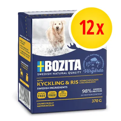 Bozita Swedish natural quality chunks in jelly with chicken and rice, wheat free, GMO free, no added sugar, 98% animal protein, pack of 12 x 370g. Bozita Swedish natural quality chunks in jelly with chicken and rice, wheat free, GMO free, no added sugar, 98% animal protein, pack of 12 x 370g.