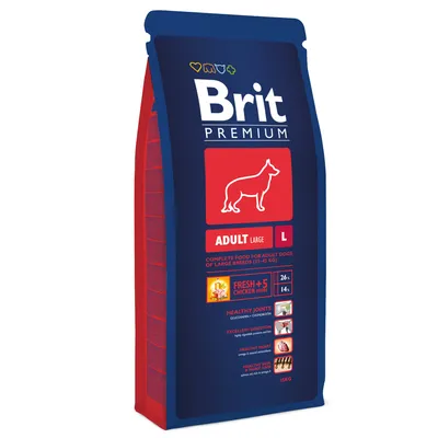 Brit Premium Adult Large L, croquettes pour chiens adultes de grandes races (25–45 kg), sac 15 kg. Texte visible : Fresh+5 chicken herbs, 26 %, 14 %, healthy joints, excellent digestion.