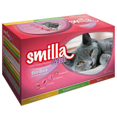 Embalagem de Smilla Adult Sterilised para gatos esterilizados, 12 x 85 g. Variedades: frango, coelho, vaca. Texto visível: Taurina, L-Carnitina, DL-Metionina, Idealgewicht.