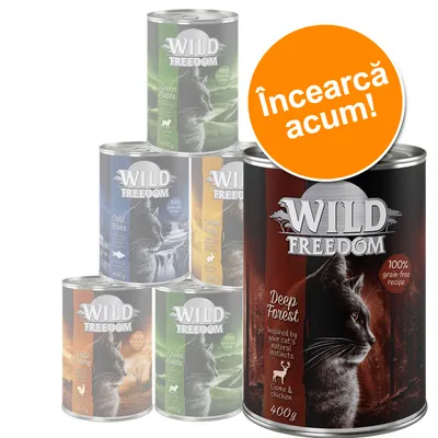 Conserve Wild Freedom pentru pisici, sortimente vizibile: Deep Forest, Green Lands, Cold River, Golden Valley, Wide Country. Text pe etichetă: 100% grain-free recipe. Încercă acum!