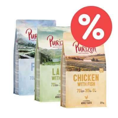 Purizon Trockenfutter für erwachsene Katzen: Sorten Fish, Lamb with Fish und Chicken with Fish. Hinweis auf Rabatt mit rotem Prozent-Symbol.
