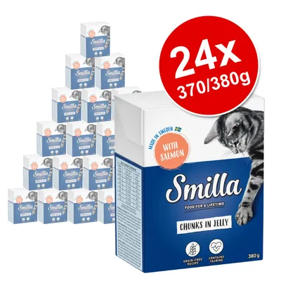 Smilla Chunks in Jelly with Salmon, 24 pack of 370/380g cartons. Visible text: Made in Sweden, grain-free recipe, contains taurine. Image shows blue and white packaging with a cat.