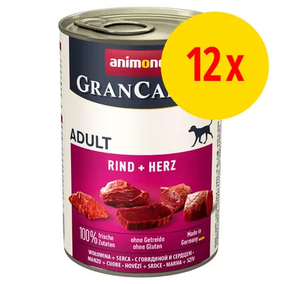animonda GranCarno ADULT RIND + HERZ, 12x dåser. 100% friske Zutaten, ohne Getreide ohne Gluten, Made in Germany. Billede af oksekød og hjerte på dåsen. animonda GranCarno ADULT RIND + HERZ, 12x dåser. 100% friske Zutaten, ohne Getreide ohne Gluten, Made in Germany. Billede af oksekød og hjerte på dåsen.